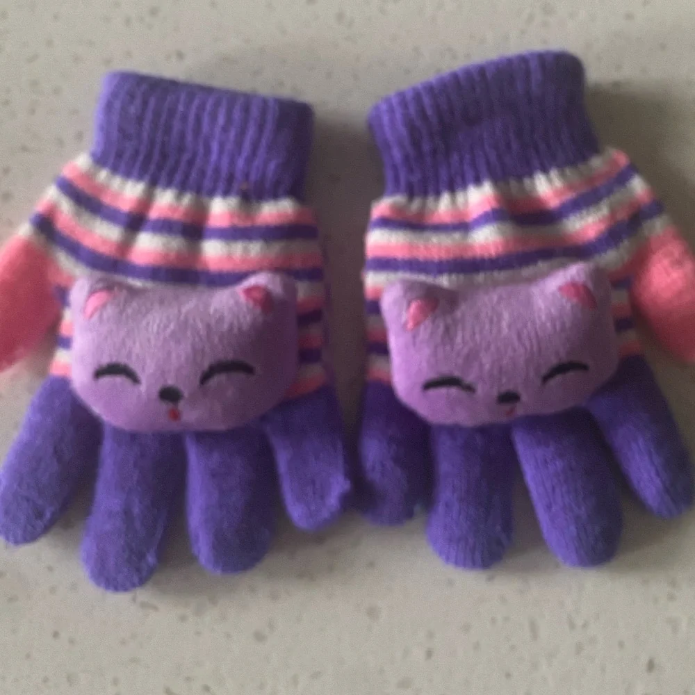 Adorable Girl’s Gloves 18 mo - 3 year old, Purple, Pink striped w sewn plush C…